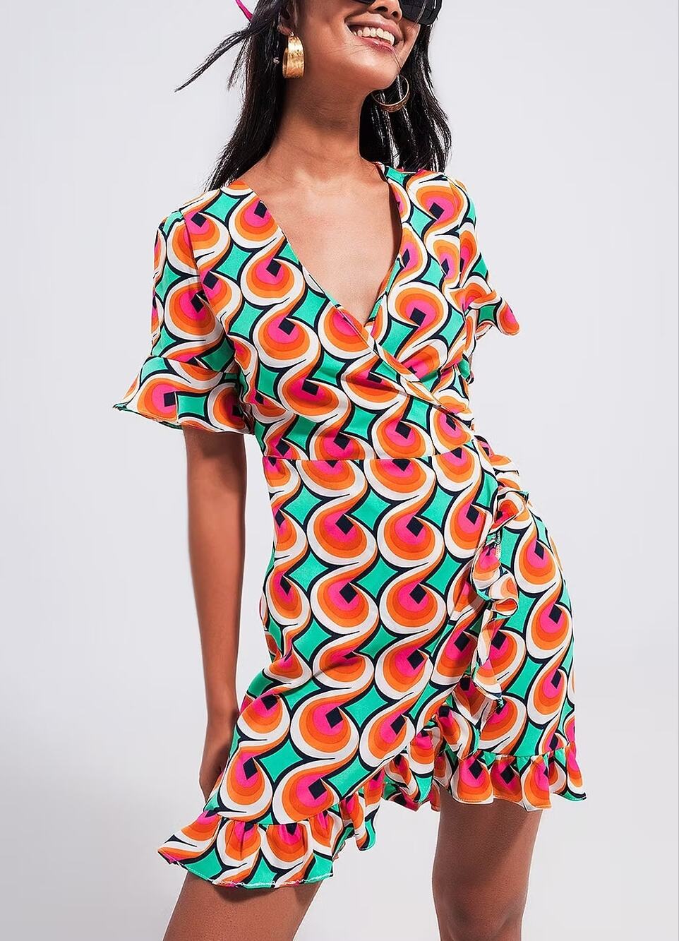 Q2 Geometric Retro Print Wrap Dress Ruffle Hem Tie Waist Multicolor Size M